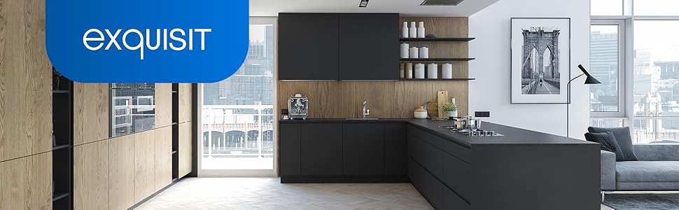 El texto dice «Imagen 7» y «EXQUISITO». Vista interior de un espacio moderno con paredes de cristal, muebles contemporáneos y accesorios de iluminación.