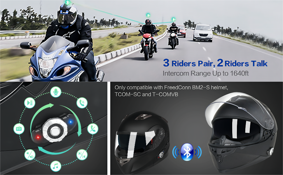 FreedConn BM12 Full Face Motorcycle Bluetooth Helmet Integrated Large Button DOT Motorbike Helmet