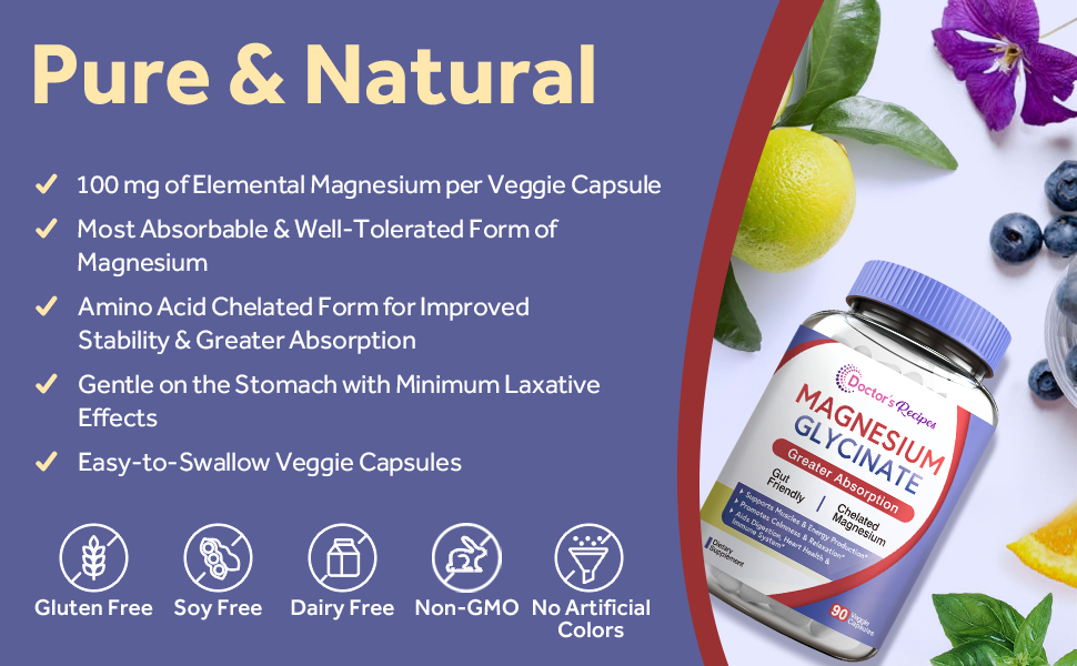 100 mg of elemental magnesium (from 500 mg of magnesium glycinate chelate). Gentle on stomach.