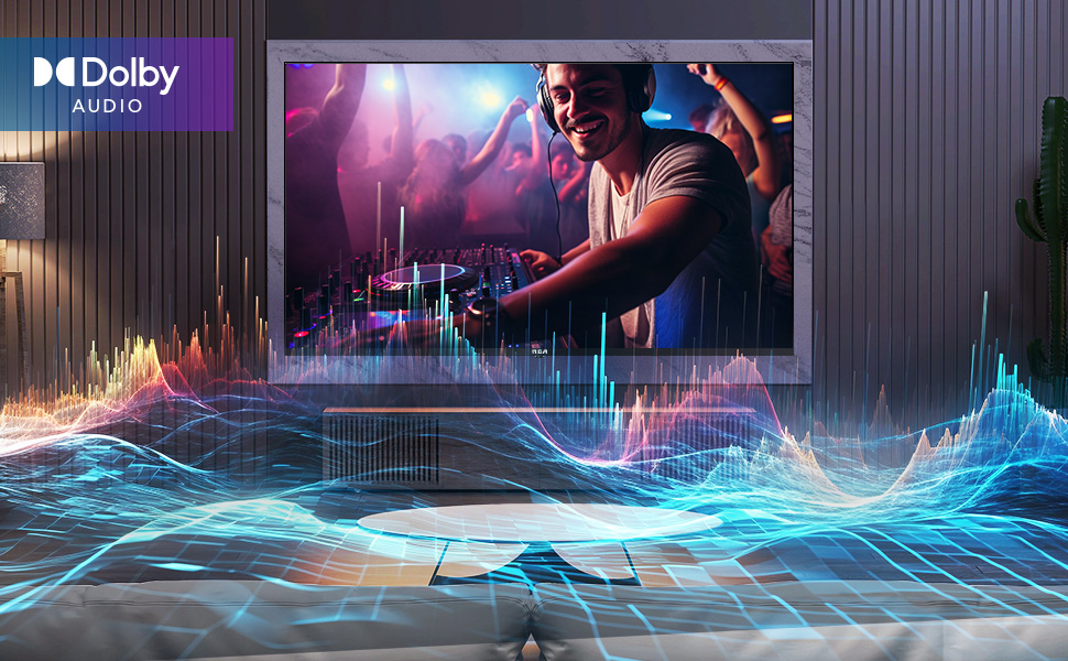 Audio visualization featuring Dolby Audio logo, TV screen showing DJ, and dynamic blue waveforms representing immersive sound experience.