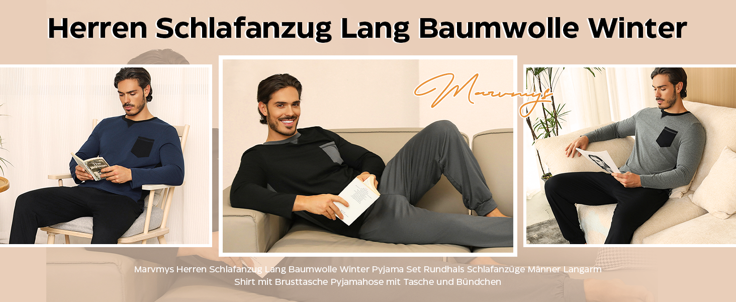 Herren Schlafanzug Lang Baumwolle Winter Pyjama Set Rundhals Schlafanzüge Männer Langarm