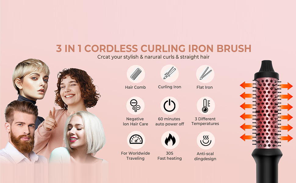 فرشاة حرارية 1.25 انش مكواة تمويج الشعر ساخنة تكثيف مشط ايوني سيراميك تورمالين 110-240 فولت للسفر مع شاشة LCD مستديرة أسود 2 فرشاة حرارية