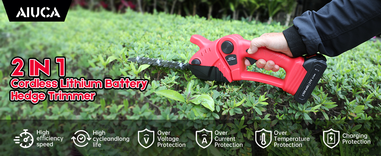 Cordless hedge trimmer with red body being used on green hedge. Features include lithium battery, high efficiency motor, and various protection systems.