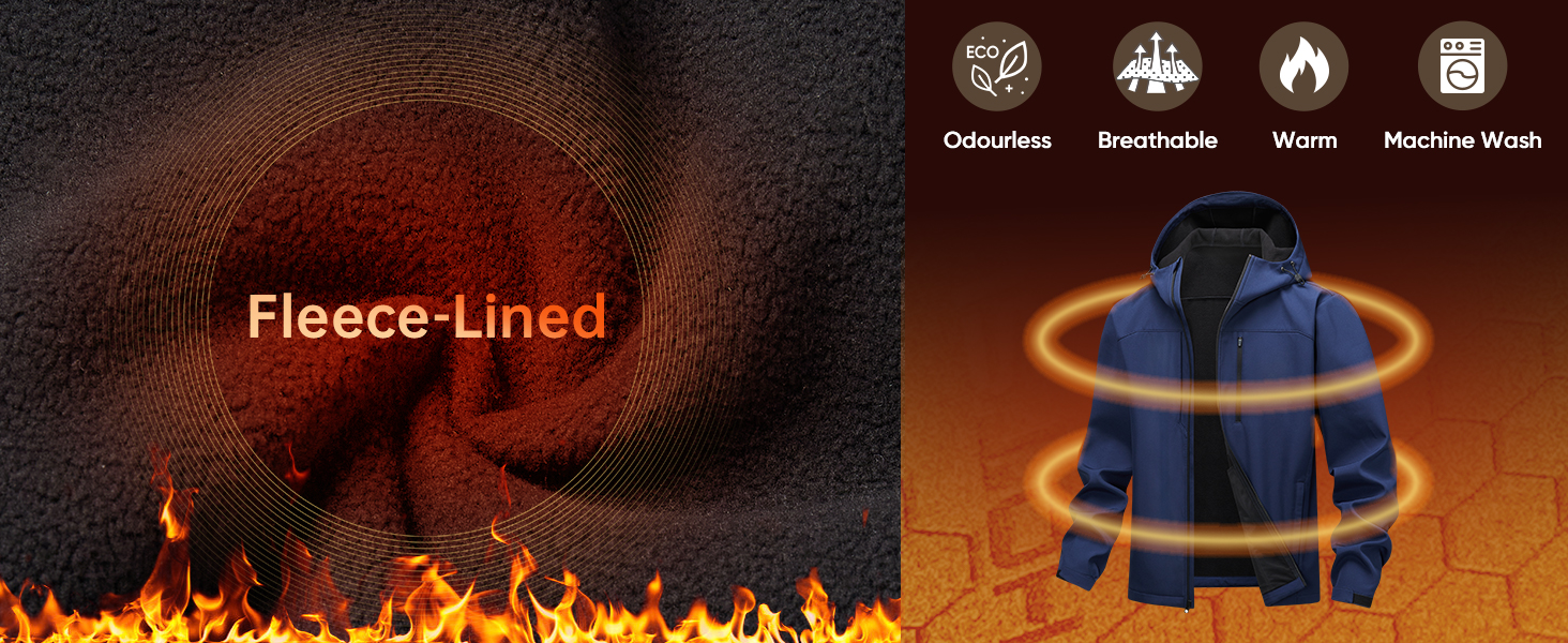 Men's Lightweight Hooded Softshell Jacket with Fleece Lining and Thermal Insulation