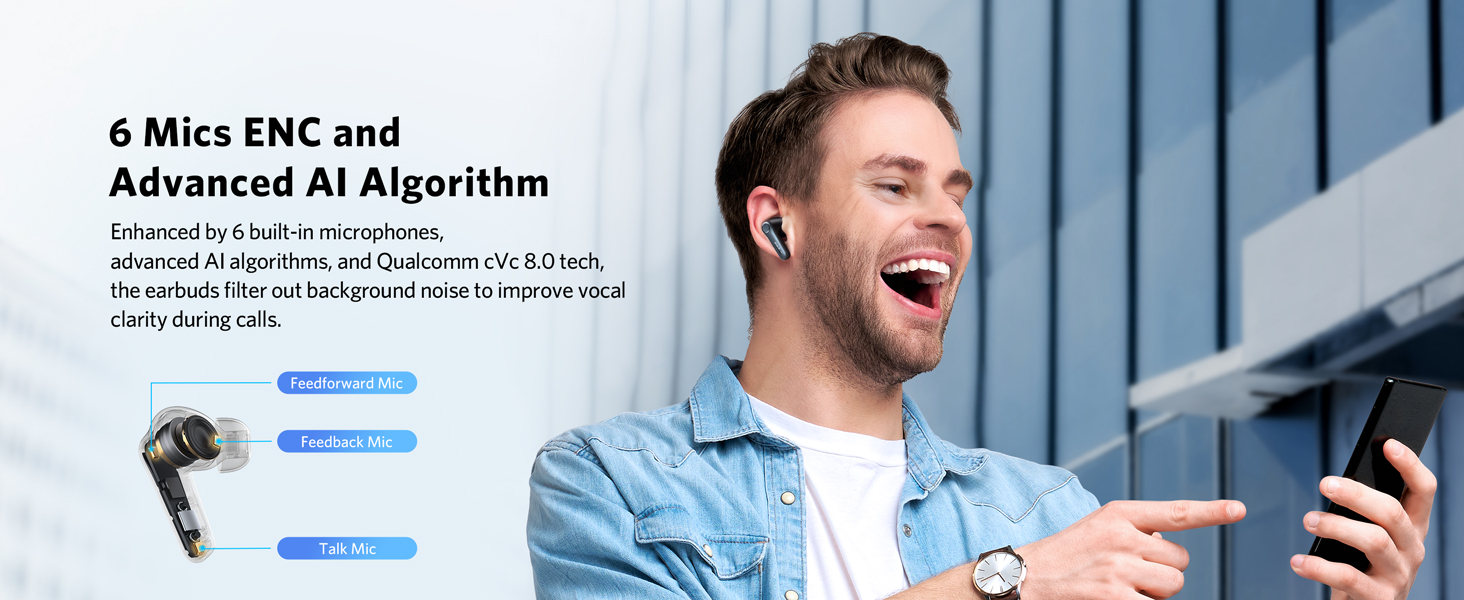 Qualcomm cVc 8.0 tech, the noise cancelling ear buds
