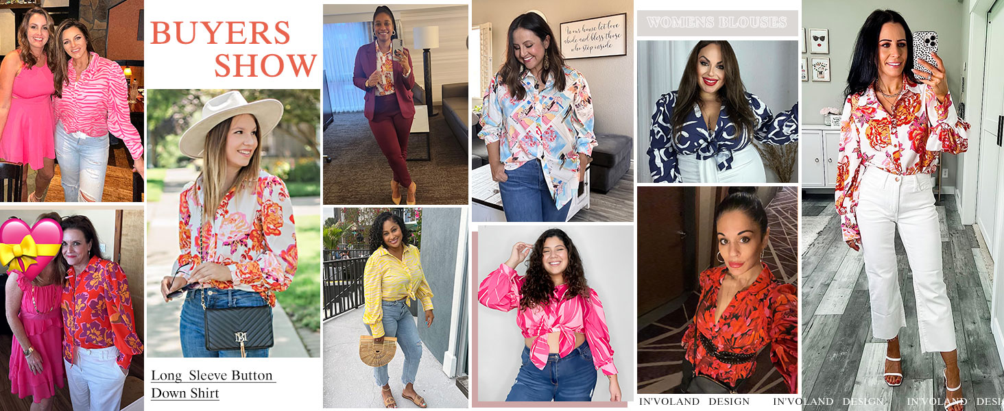 IN'VOLAND Womens Plus Size Button Down Shirts Print Long Sleeve Blouses
