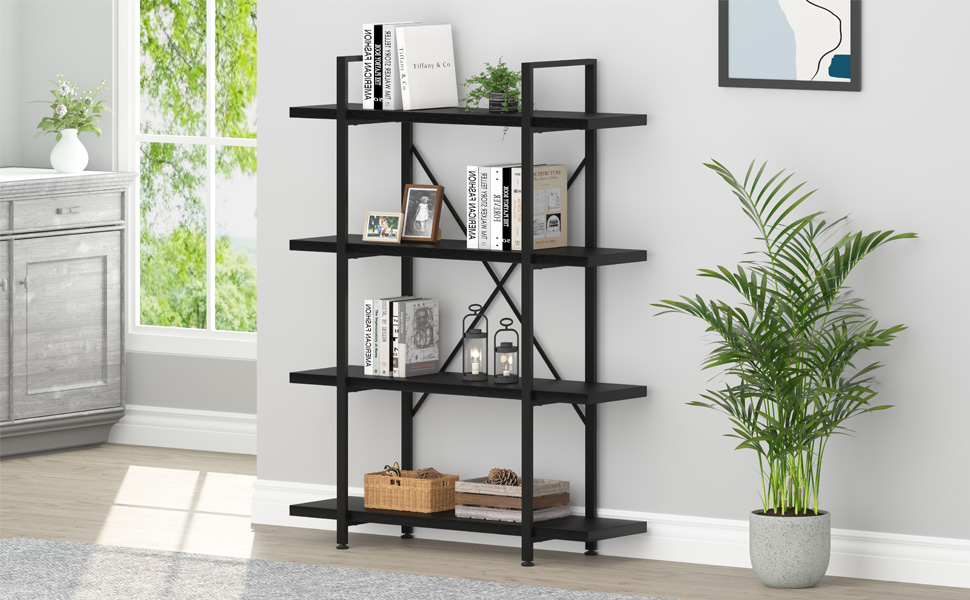 HSH 4 Tier Black Bookshelf, Industrial Metal Wood Storage Book Shelves Heavy Duty 4 Shelf