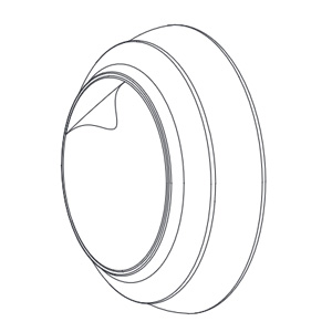 Strichzeichnung eines kreisförmigen Geräts mit einer hervorstehenden zentralen Taste oder einem Sensor. Das Gerät hat einen dicken Außenring und scheint an der Wand montierbar oder für die Platzierung an der Oberfläche konzipiert zu sein