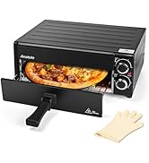 Compact black electric pizza oven with front-loading drawer design, dual control dials, and included heat-resistant glove. Shows pizza cooking inside on rack.