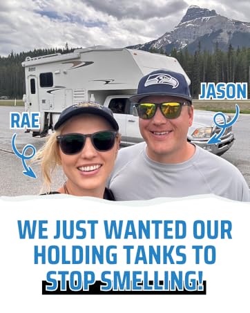 Jason and Rae founds of Getaway Couple standing in front of an RV