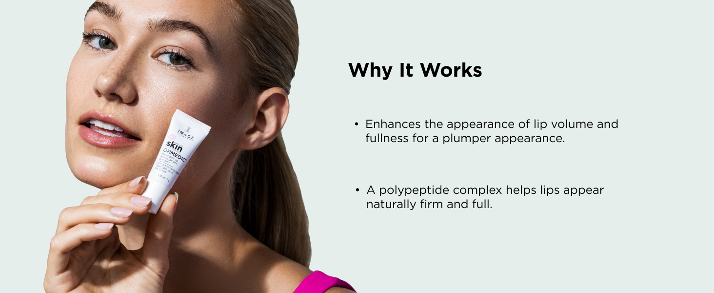 Woman holding Ormedic balancing lip enhancement complex tube