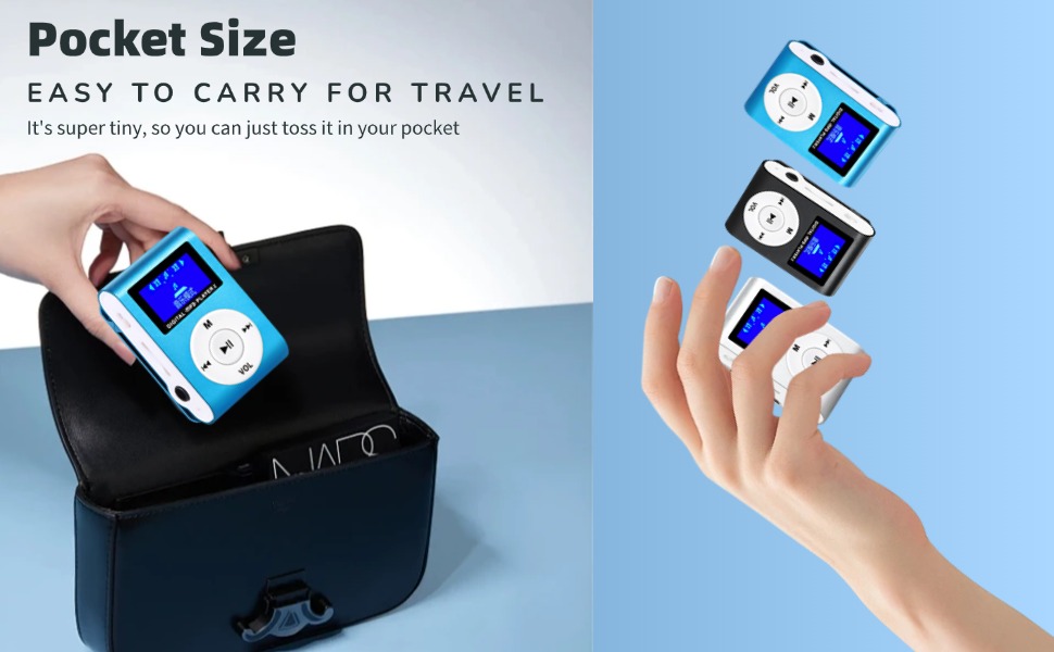 Text reads 'Pocket Size' and 'EASY TO CARRY FOR TRAVEL'. Shows blue MP3 player in black pouch and floating against blue background.