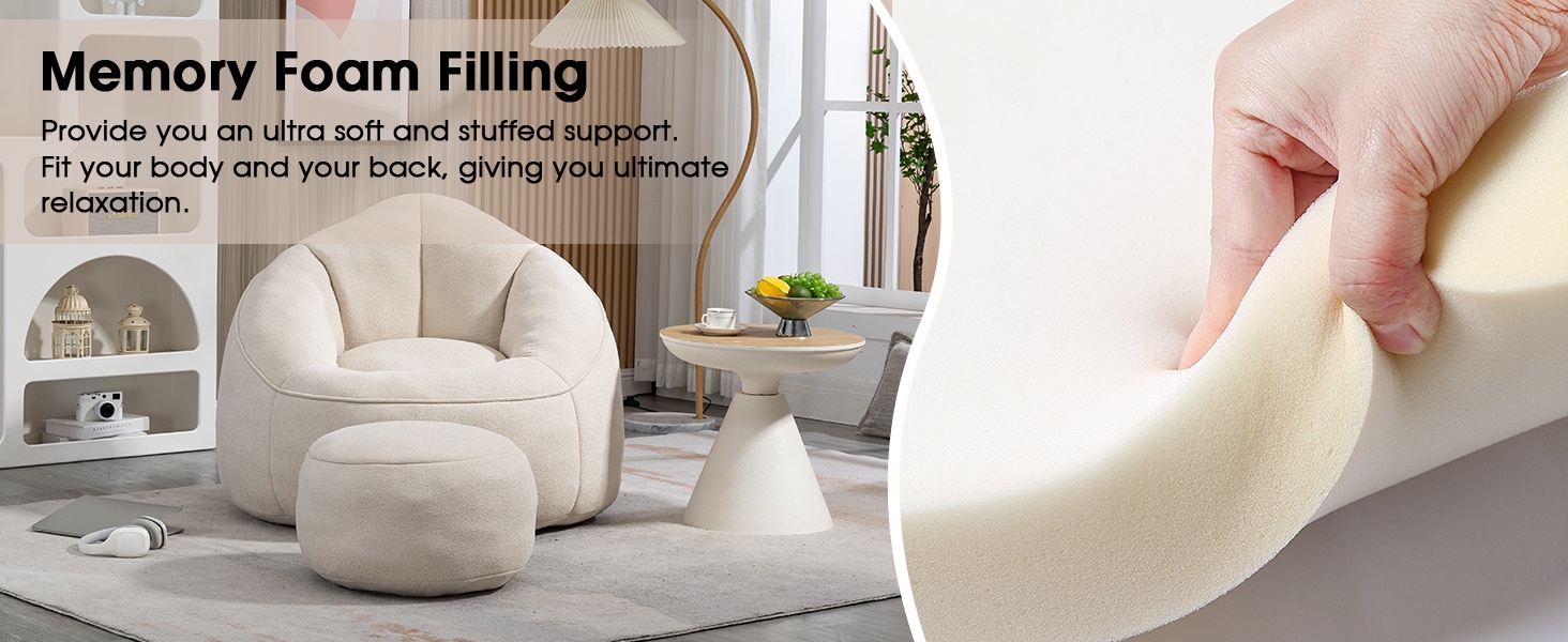 Bean Bag Chair for Adult, Microfiber Upholstered Bean Bag Sofa with Petal Back, Shell-Shaped Beanbag Chair with Footstool, Memory Foam Stuffed Lazy Sofa for Living Room, Bedroom (Beige) 10 Bean Bag Chair