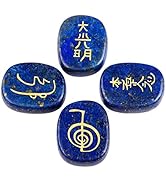 Rockcloud Healing Crystal Lapis Lazuli 4pcs Engraved Chakra Stones Palm Stone Reiki Balancing