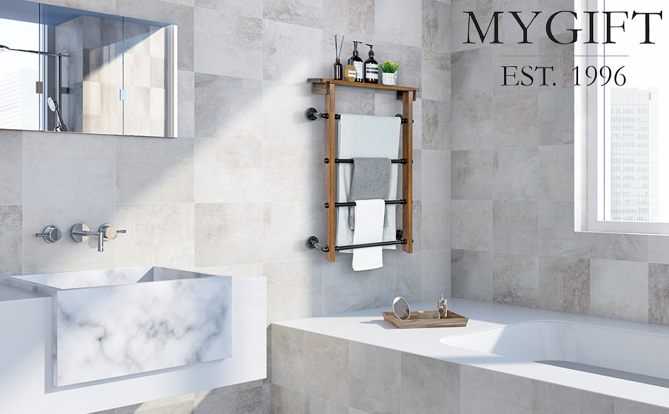 4-Tier Wall Mounted Towel Rack Ladder with Top Storage Shelf