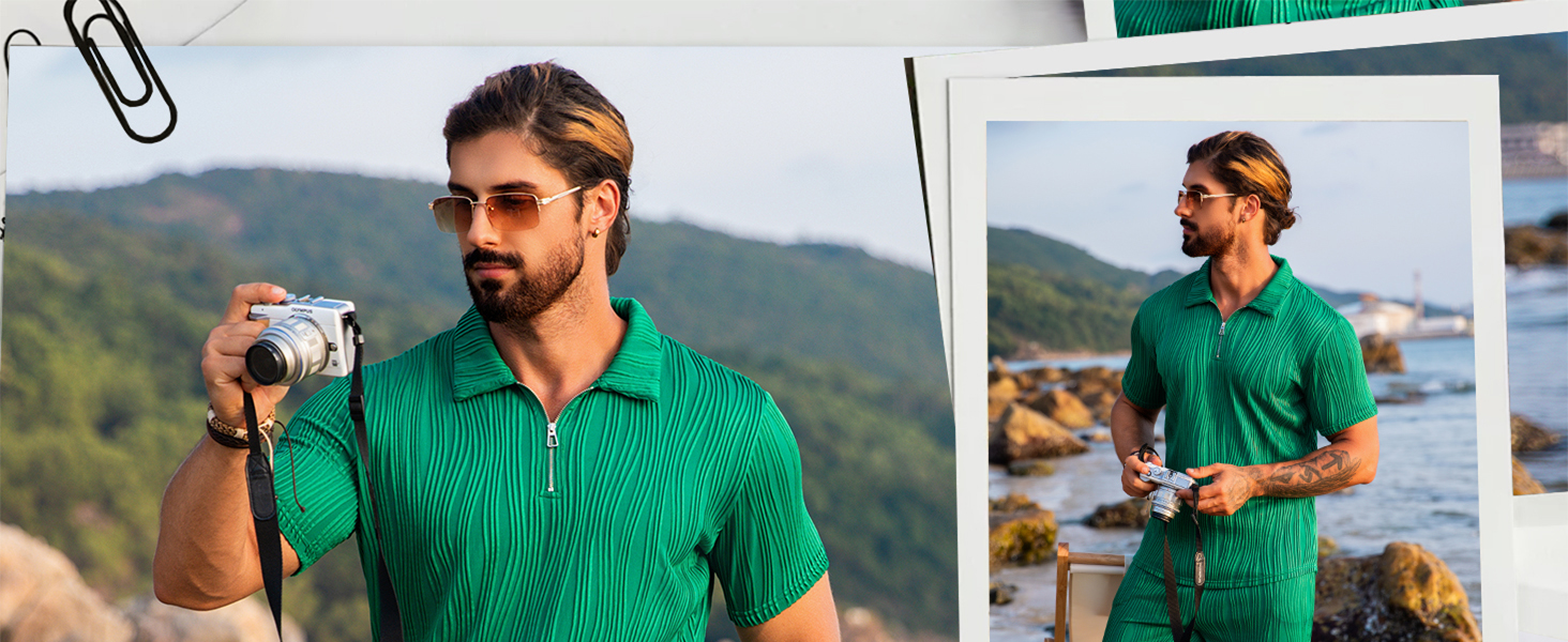 URRU Mens 2 Piece Beach Outfit Casual Quarter Zip Polo Shirt  Fashion Summer Short Sets 