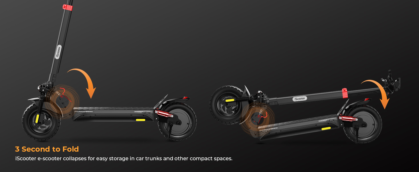Folding electric scooter shown in two positions demonstrating its 3-second folding mechanism, with orange arrows indicating motion points.