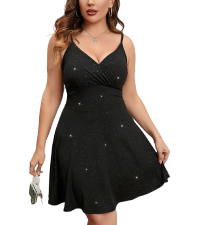 Glitter Wrap V Neck Flared Short Dress