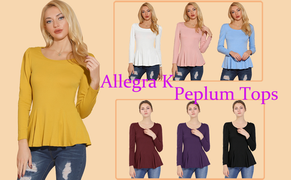 Allegra K Women's Long Sleeves Scoop Neck Casual Peplum