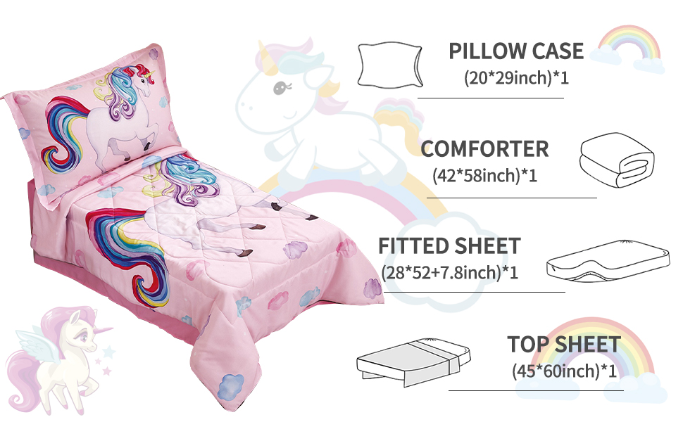 Wowelife Toddler Unicorn Bedding Sets for Girls Pink 4 Piece Rainbow