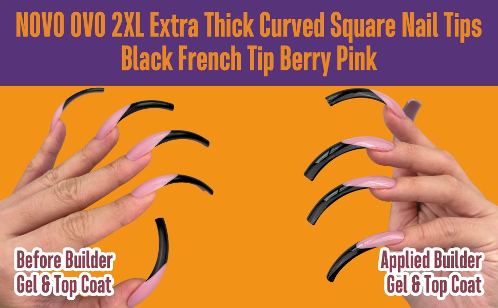 NOVO OVO 2XL Extra Thick Curved Square Nail Tips Black French Tip Berry Pink