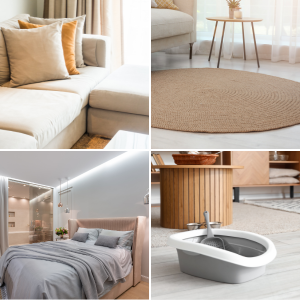Collage de diseño de interiores de cuatro paneles que muestra un sofá beige, una alfombra redonda, un dormitorio moderno y accesorios de baño en tonos neutros