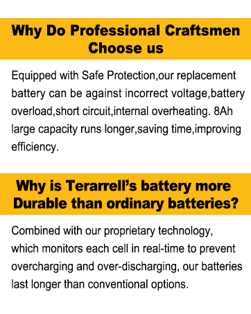 Yellow information panel describing features of a replacement battery. Highlights include safe protection, large 8Ah capacity, and proprietary technology for longer-lasting performance compared to conventional batteries.