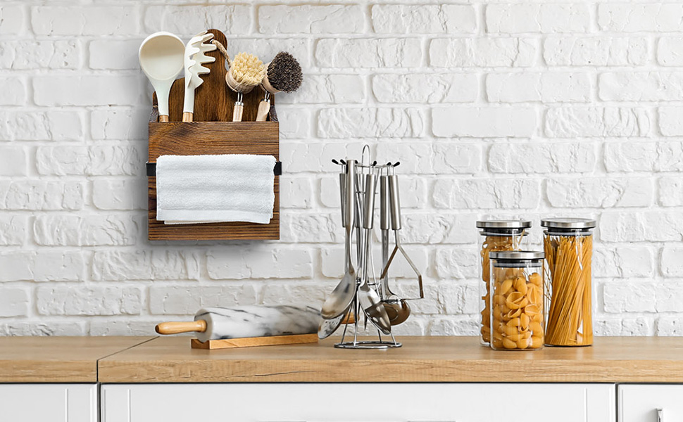 Rustic Wall Mounted Solid Wood Utensil Holder with Towel Bar on kitchen wall