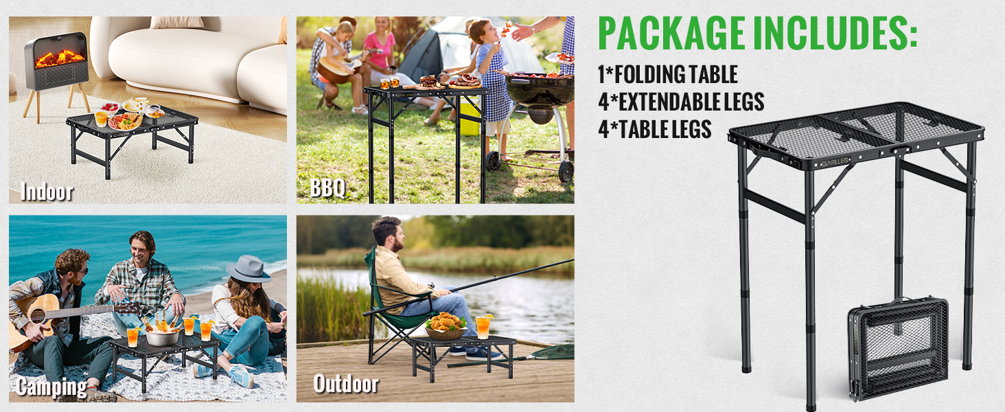 Collapsible camping table set with multiple usage scenarios shown. Package includes setup instructions and table frame with extendable legs.