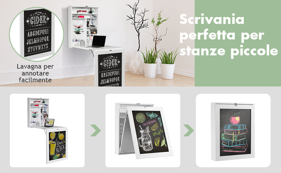 COSTWAY Scrivania Da Parete, Tavolo Pieghevole A Parete Con Lavagna E Mensola Regolabile, Scrivania Multifunzione Con Scaffali Per Casa Ufficio, 87 X 60 X 150 Cm (Nero) 11 1