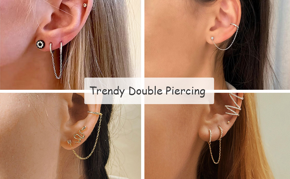 Chain Earrings for Women - 925 Sterling Silver Gold Hoop Double Piercing Earrings Two Holes CZ Huggie Hoop Earrings Set Tassel Drop Link Cuff Cartilage Helix Earrings for Teen Girls Jewellery Gifts 15 Silver Small Huggie Hoop Earrings chain hoop earrings gold