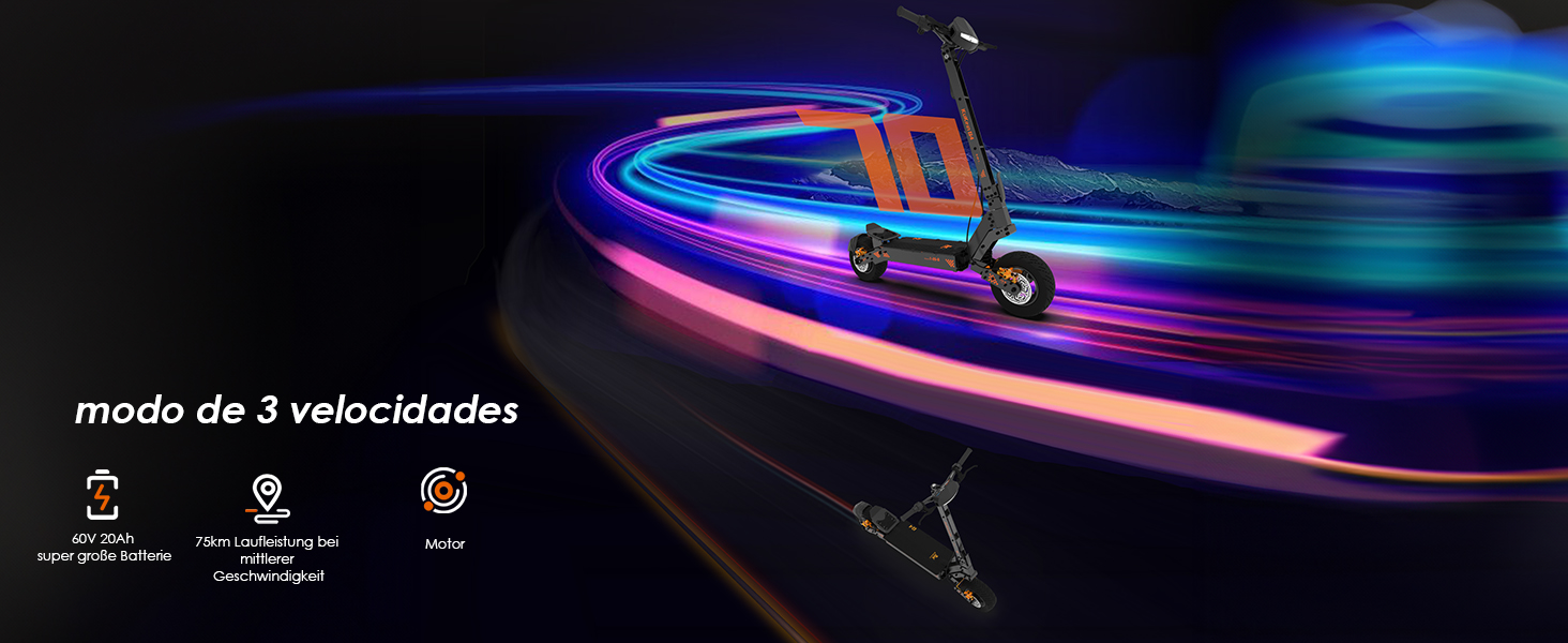 Werbebild für Elektroroller, das die Schnittstelle zwischen Geschwindigkeitsmodi und Neonlichtspuren in Blau und Rosa vor dunklem Hintergrund zeigt.