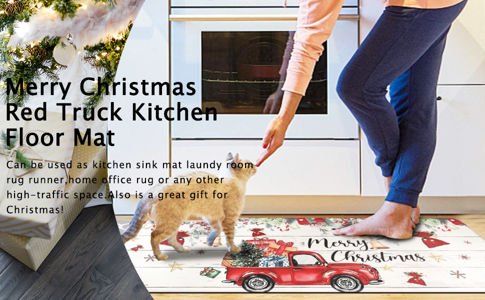 VSIWB Christmas Kitchen Rug and Mats Set of 2 Farmhouse Xmas Tree Red Truck Gift Kitchen Mats