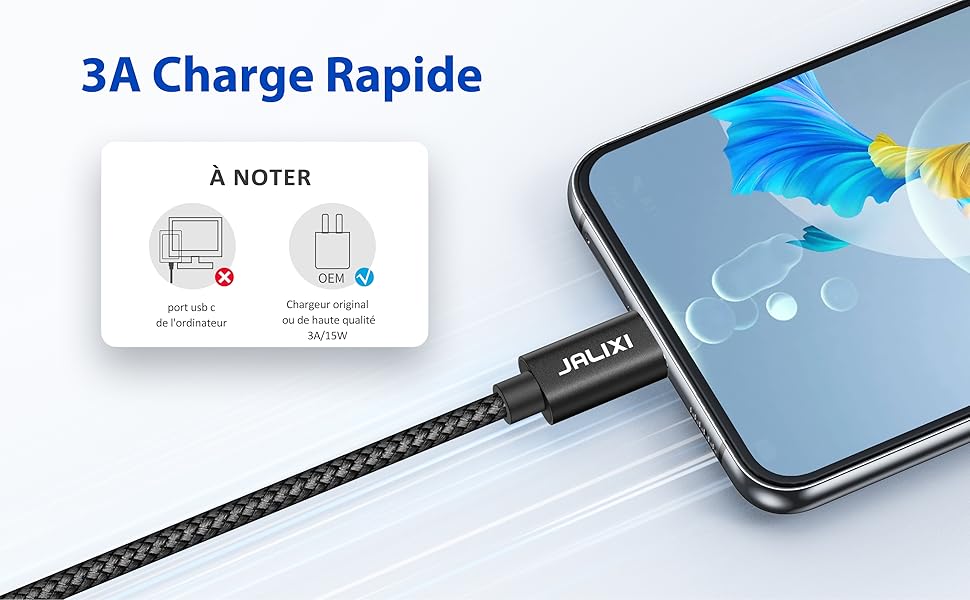 avec cordon noir tressé connecté au smartphone, affichant une capacité de charge rapide de 3 A avec des icônes d'instructions.