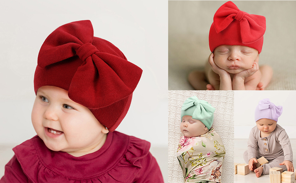   Newborn Baby Hats Mittens Set Hospital Hat Beanie Infant Big Bow Hats