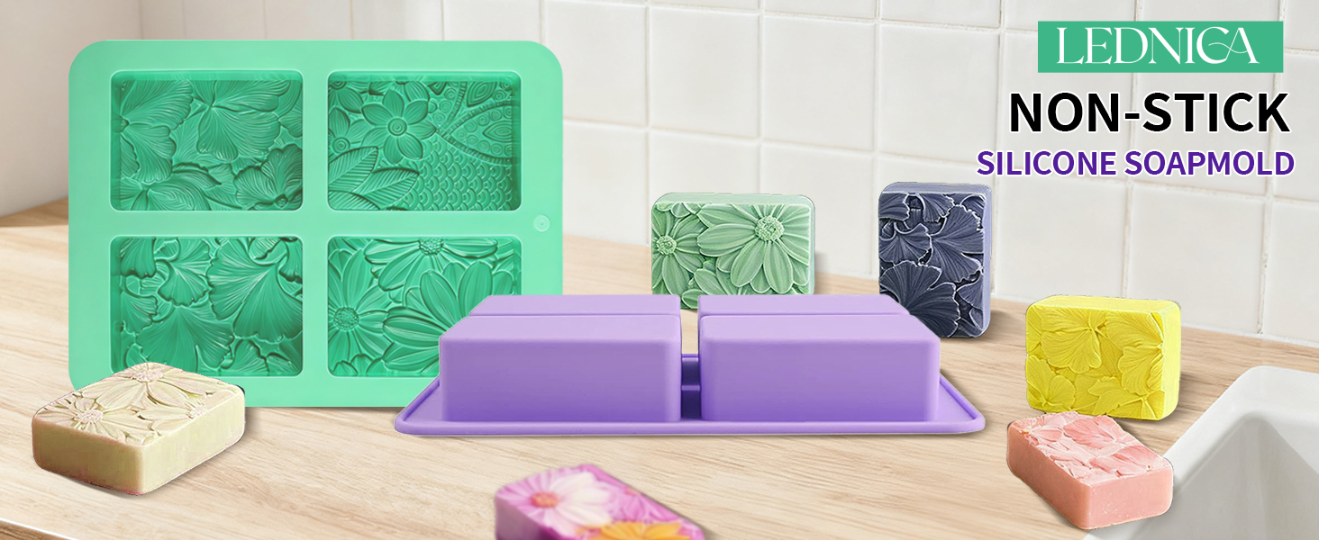 Set of 2 silicone soap molds with 4 cavities and 3D flower rectangle designs.