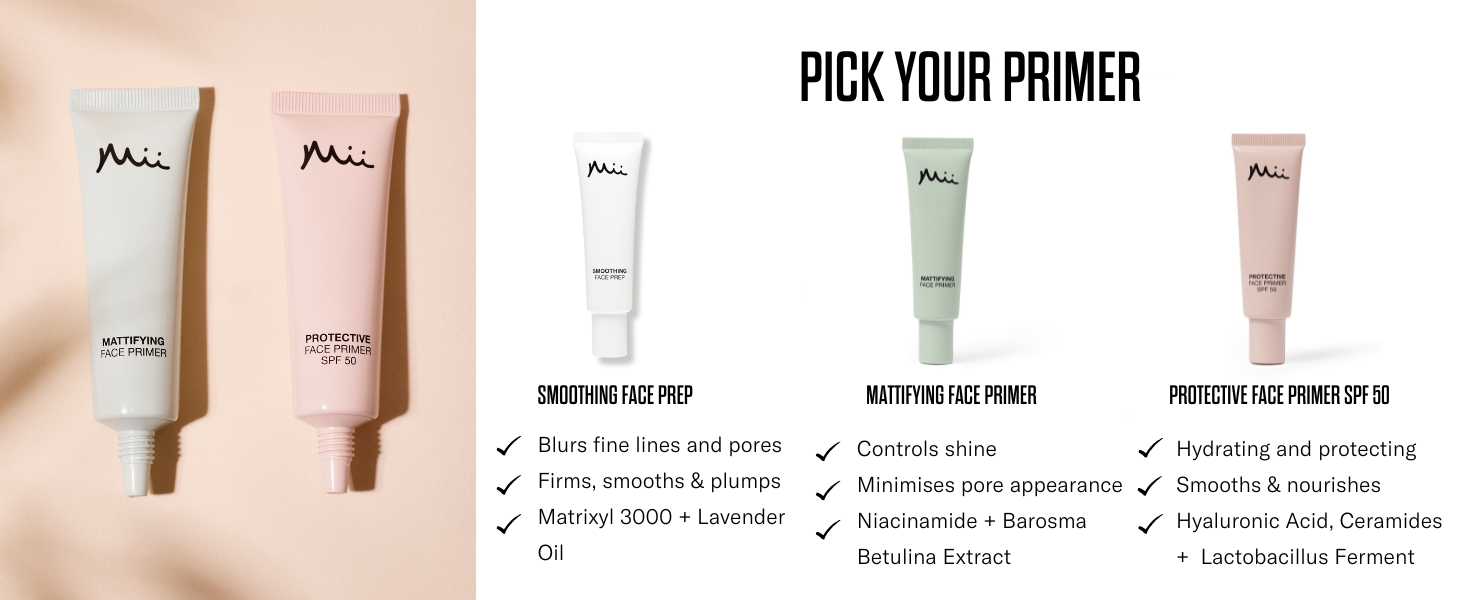 Text reads 'PICK YOUR PRIMER'. Three makeup primer products shown side by side against neutral background.