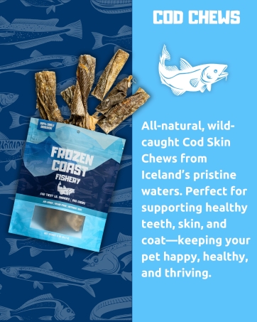 Frozen Coast Fishery Cod Chew Dog and Pet treats. All-natural and single-ingredient treats