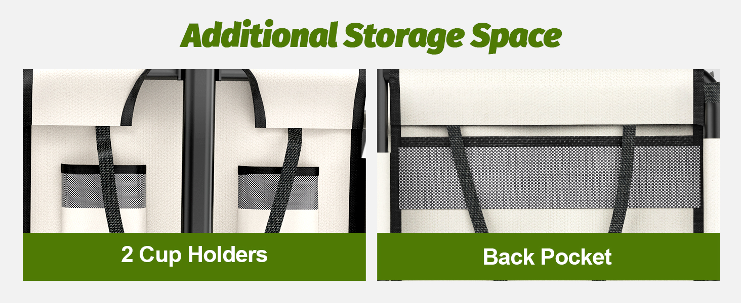 Storage accessories featuring two cup holders and back pocket attachment, shown in black mesh and clear materials with labeled capacity indicators.