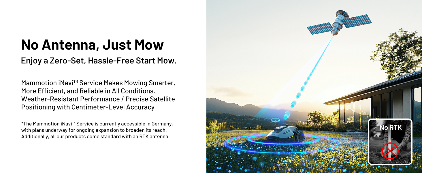 Blue robotic lawn mower in a garden, with satellite graphic above. Text highlights 'No Antenna, Just Mow' and mentions zero-set, hassle-free start, and centimeter-level accuracy.