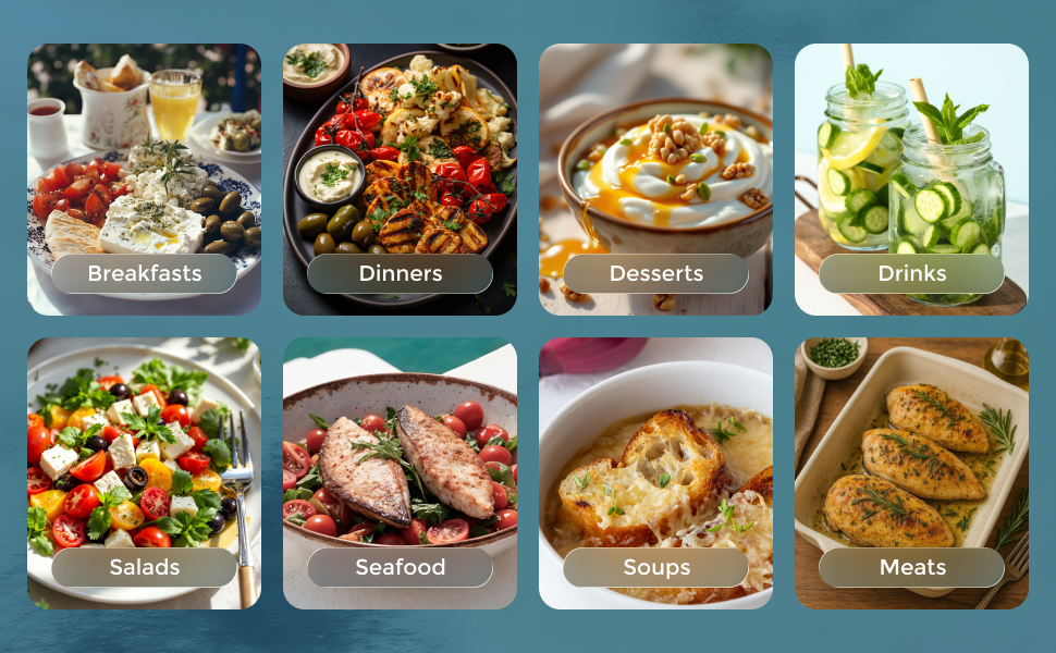 Mediterranean food categories: breakfasts, dinners, desserts, drinks, salads, seafood, soups, meats