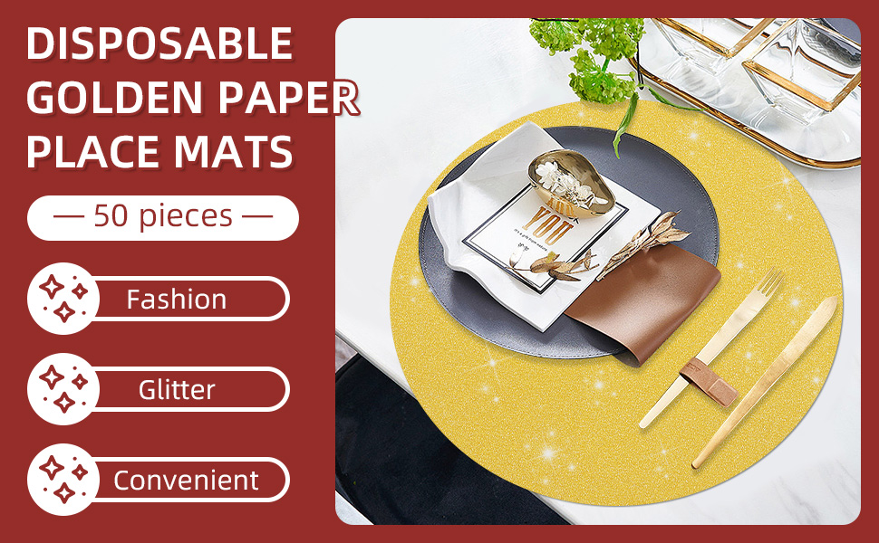 WHATWEARS 50 Pieces Gold Paper Placemats for Dining Table
