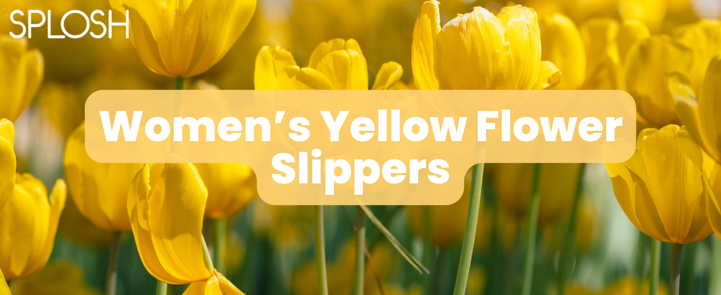 SPLOSH branded women's slippers advertised against background of bright yellow tulips in full bloom.