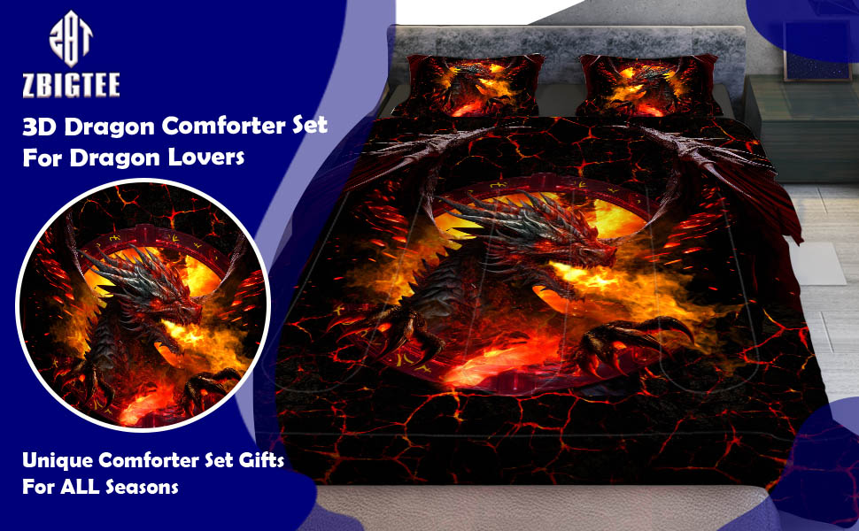 ZBIGTEE Cool Red Lava Dragon Comforter Set, Dragon Quilt