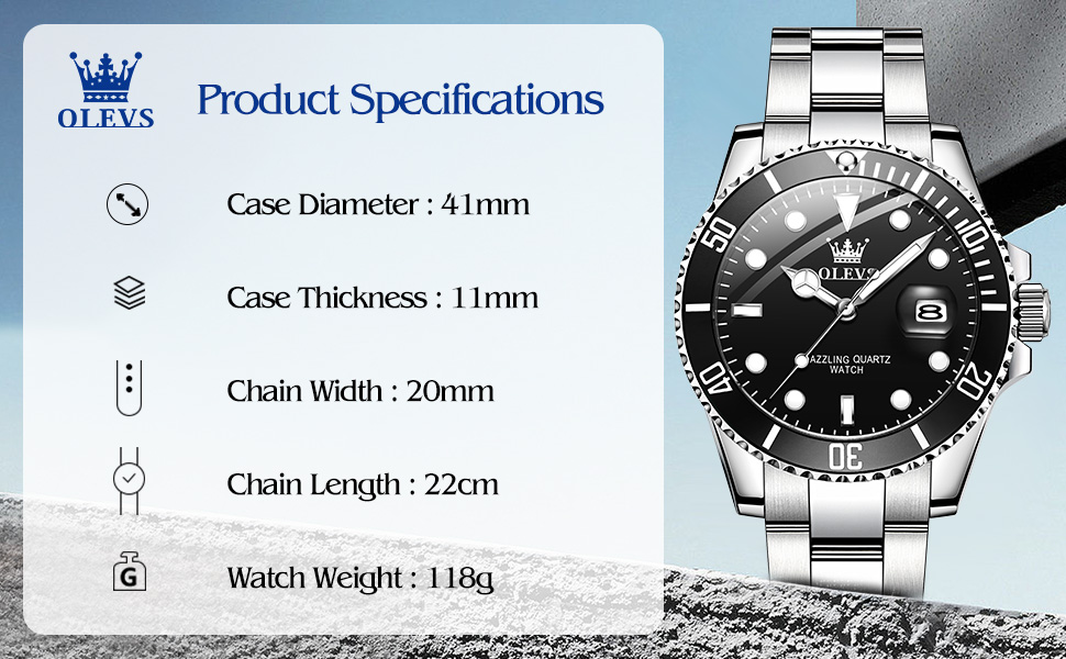 OLEVS Watches for Men Dive Silver Black Big Face Mens Watches