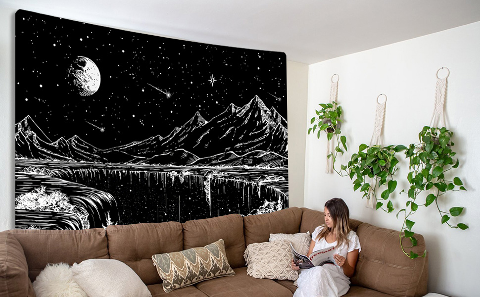 Simpkeely Black and White Tapestry Starry Night Tapestry Mountain