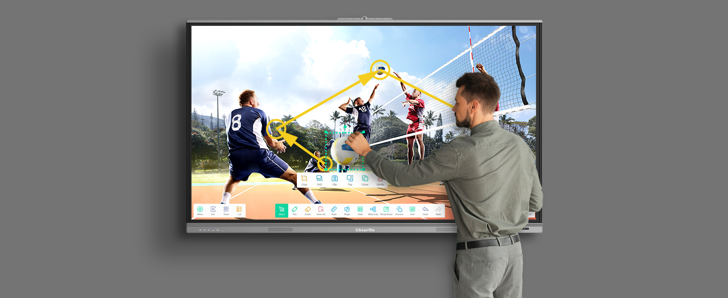 A coach uses the Smart Board to simulate a tennis match, training players and analyzing tactics