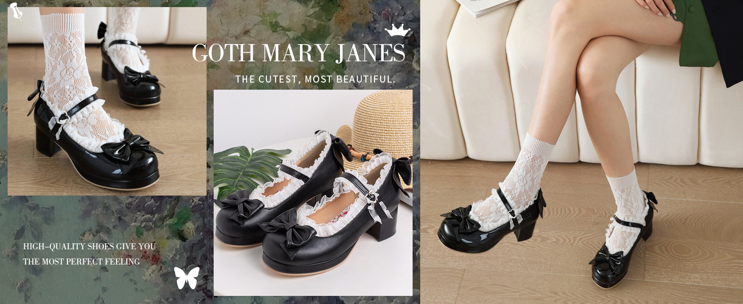 Women Kawaii Shoes Mid Block Heel Mary Jane Rockabilly Pumps with Bow