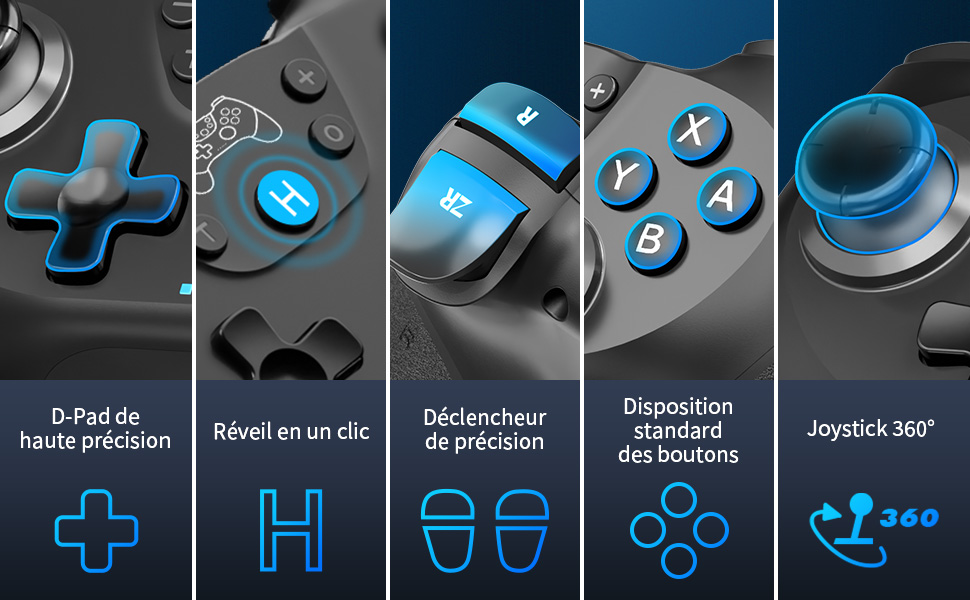 Image composite des caractéristiques de la manette de jeu : D-pad, bouton de réveil rapide, déclencheurs de précision, disposition standard des boutons et joystick à 360 degrés. Chaque section est surlignée en bleu sur fond foncé.
