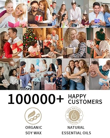 Text reads '100000+ HAPPY CUSTOMERS' with icons showing 'ORGANIC' and 'NATURAL ESSENTIAL OILS'. Collage of multiple lifestyle images showing various indoor settings.